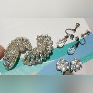 Vintage Crystal & Rhinestone Estate Earrings 3 Pair Screw Back & Clip On Dangle